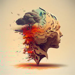 Head made up of layers of leaves, trees and mountains